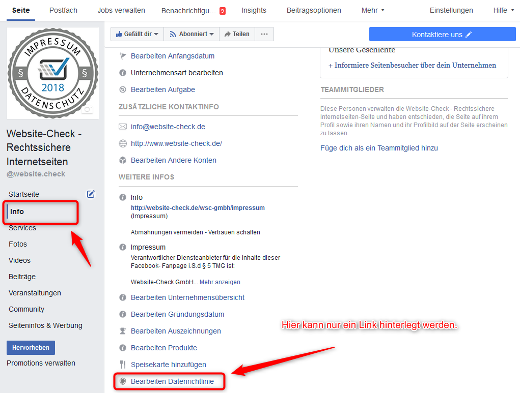 Anleitung zur Einbindung der Datenschutzerklärung bei Facebook-Fanpages