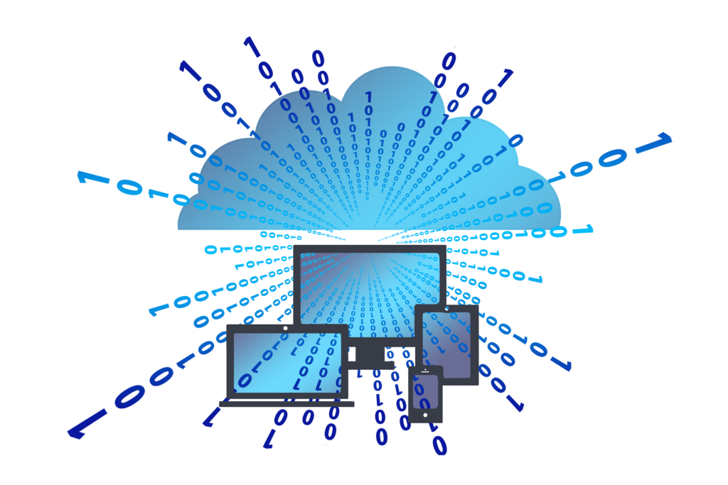 Wolkensymbol über Monitoren, umgeben von Zahlencodes