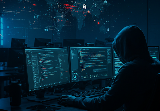 Mehrere Bildschirme und davor die Silhouette eines Hackers