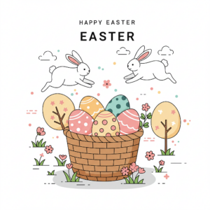 Grafik zu Ostern mit Osternest, Ostereiern und Hasen
