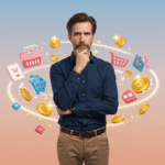 Mann mit E-Commerce Symbolen