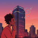 Grafik mit einem nachdenklichen Mann vor Firmengebäude