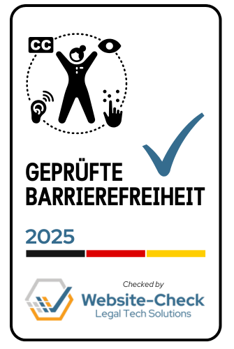 Barrierefreihtssiegel mit typischer Grafik, Jahres und Logo von Website-Check