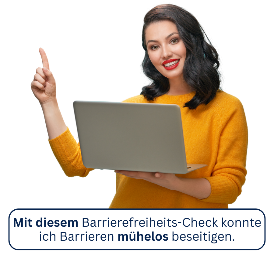 Frau mit einem Laptop und einem Werbebanner bzgl. schnell zu einem barrierefreiem Webauftritt