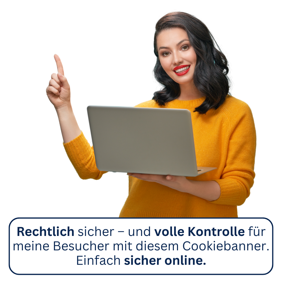 Frau mit einem Laptop und einem Werbebanner bzgl. barrierefreiem Cookiebanner.