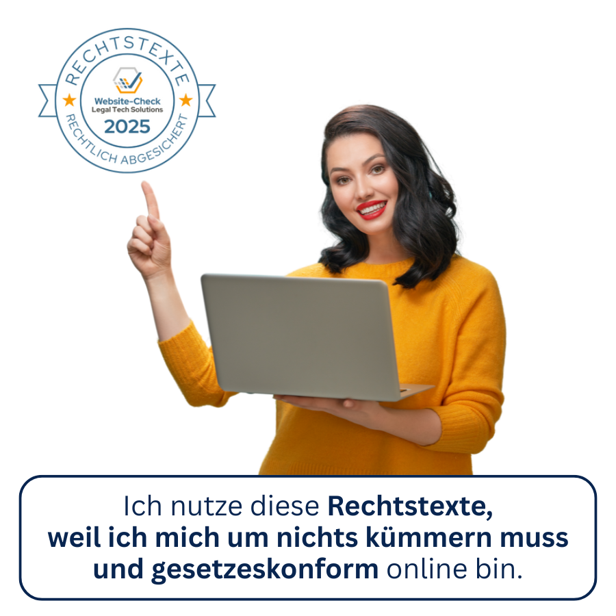 Frau mit einem Laptop und einem Werbebanner bzgl. automatisierten Rechtstexten und Anzeige eines Siegels für rechtlich korrekte Rechtstexte.