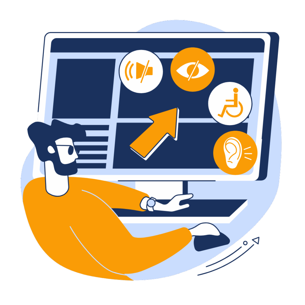 Illustration eines Mannes vor einem Bildschirm mit Symbolen für Barrierefreiheit wie Gehörlosigkeit, Sehbehinderung und Rollstuhlnutzung.