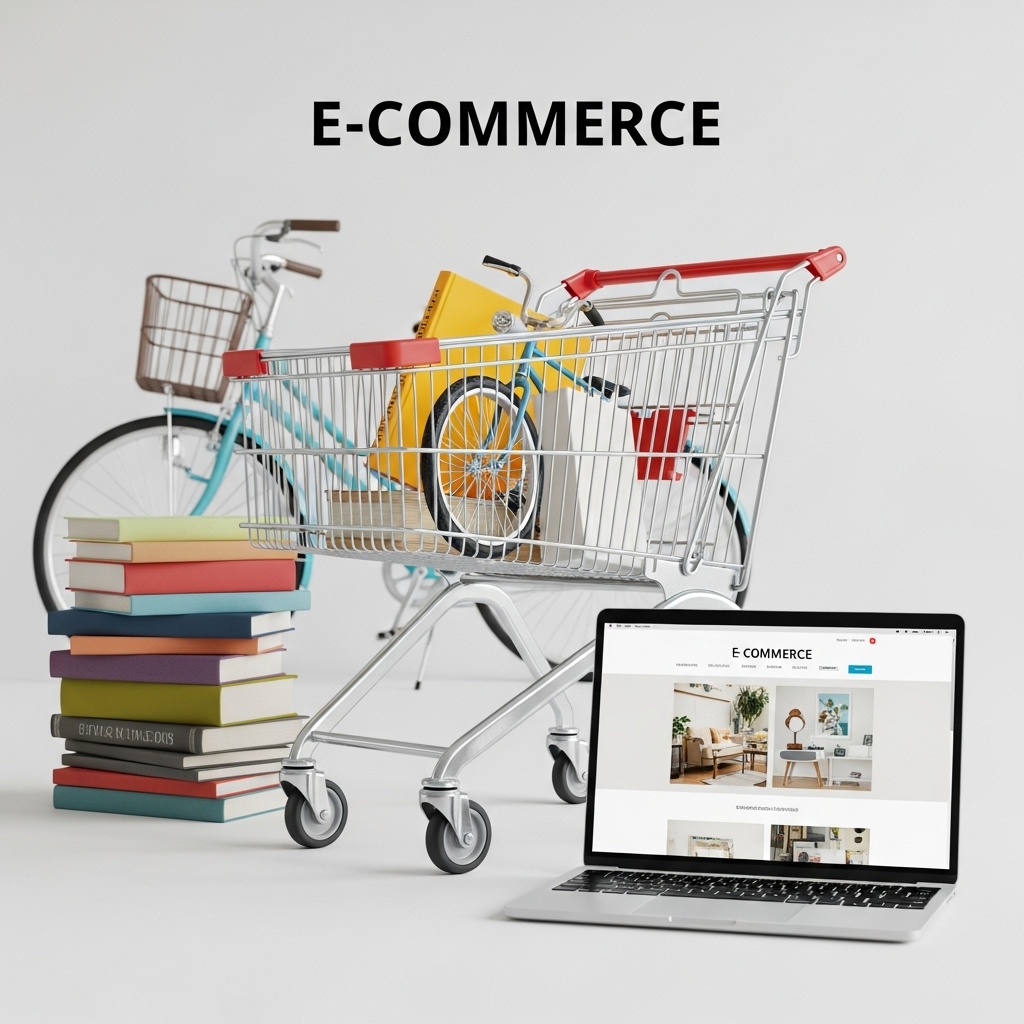 Bild mit Einkaufswagen, Fahrrad, Büchern, Laptop welche man online kaufen kann