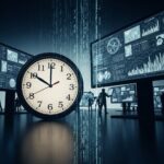 Das Bild zeigt eine große Uhr, die eine tickende Frist für einen Datenschutzvorfall in einem Serverraum symbolisiert, umgeben von Bildschirmen mit Daten und Grafiken, die ein Datenleck visualisieren