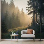 ototapete mit einem nebligen Waldweg bei Sonnenaufgang, an der Wand eines modernen Wohnzimmers mit Sessel und Beistelltisch.