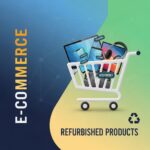 Einkaufswagen gefüllt mit generalüberholten Elektronikprodukten wie Laptops, Smartphones und Kopfhörern vor einem blauen und grünen Hintergrund.