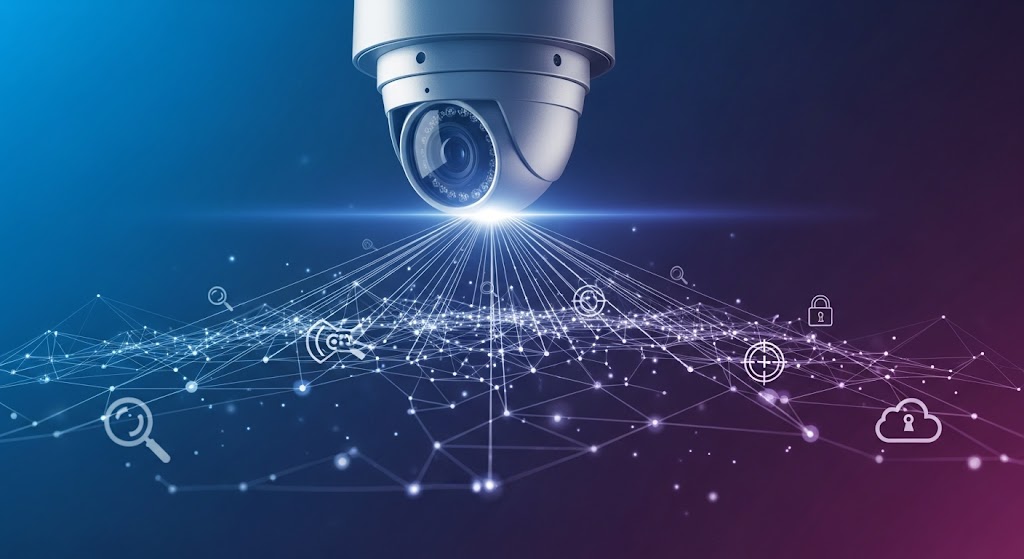 Moderne Überwachungskamera überwacht ein digitales Netzwerk mit Symbolen für Sicherheit, Datenschutz und Datenübertragung.