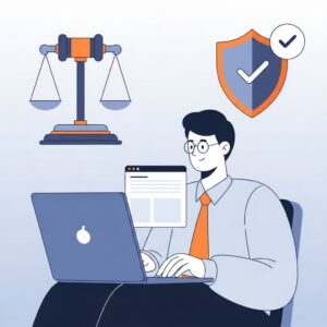 Eine illustrierte Person am Laptop mit Symbolen für Gericht und Datenschutz, die das Thema Abmahnung bei DSGVO-Verstößen.