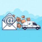 E-Mail-Symbol neben Lieferwagen mit Paketen, symbolisiert E-Mail-Benachrichtigung bei Paketzustellung.