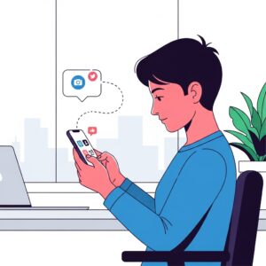 Illustration einer Person, die am Arbeitsplatz soziale Medien auf dem Smartphone nutzt.