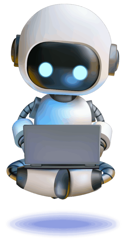 Roboter mit Laptop schwebt über einem Schatten