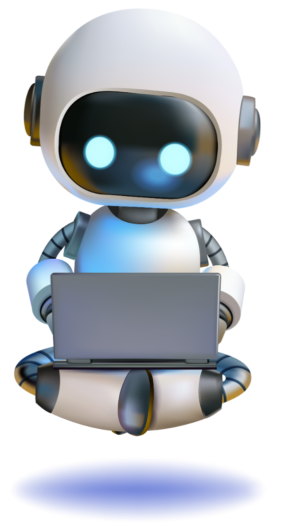 Roboter mit Laptop schwebt über einem Schatten