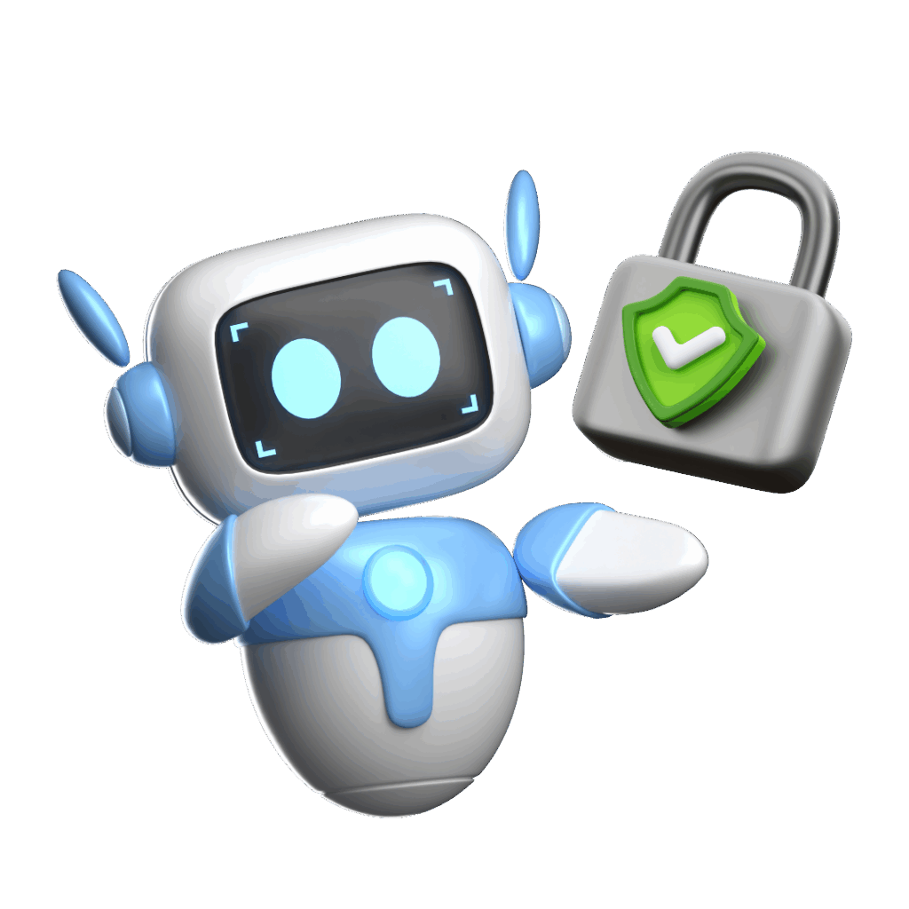 Grafik eines Roboters mit schwebendem Sicherheitsschloss, symbolisiert automatisierte Produkte von Website-Check für mehr Sicherheit im Online-Business.