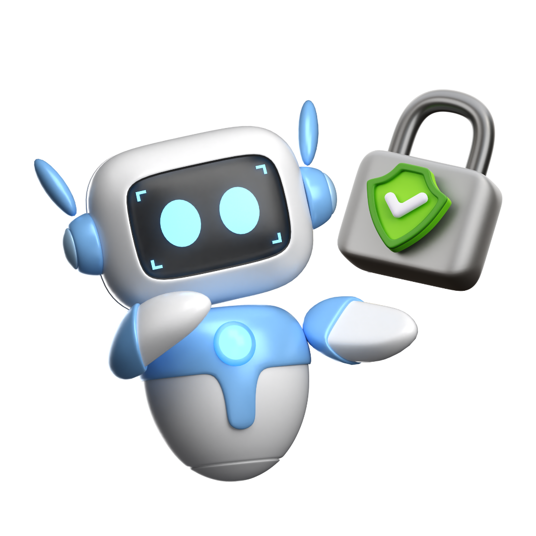 Grafik eines Roboters mit schwebendem Sicherheitsschloss, symbolisiert automatisierte Produkte von Website-Check für mehr Sicherheit im Online-Business.