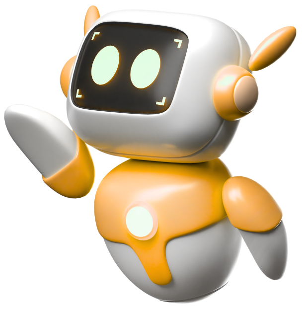 Ein freundlicher, kleiner Roboter, weiß und orange, winkt.