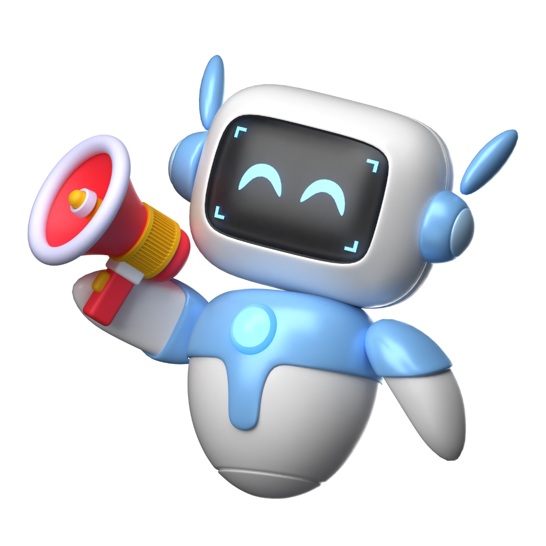 Roboter verkündet wichtige E-Commerce- und DSGVO-Nachrichten mit einem roten Megafon.