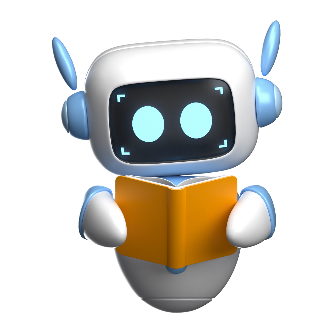 Ein kleiner Roboter mit großen, blauen Augen schwebt und liest in einem orangefarbenen Buch.