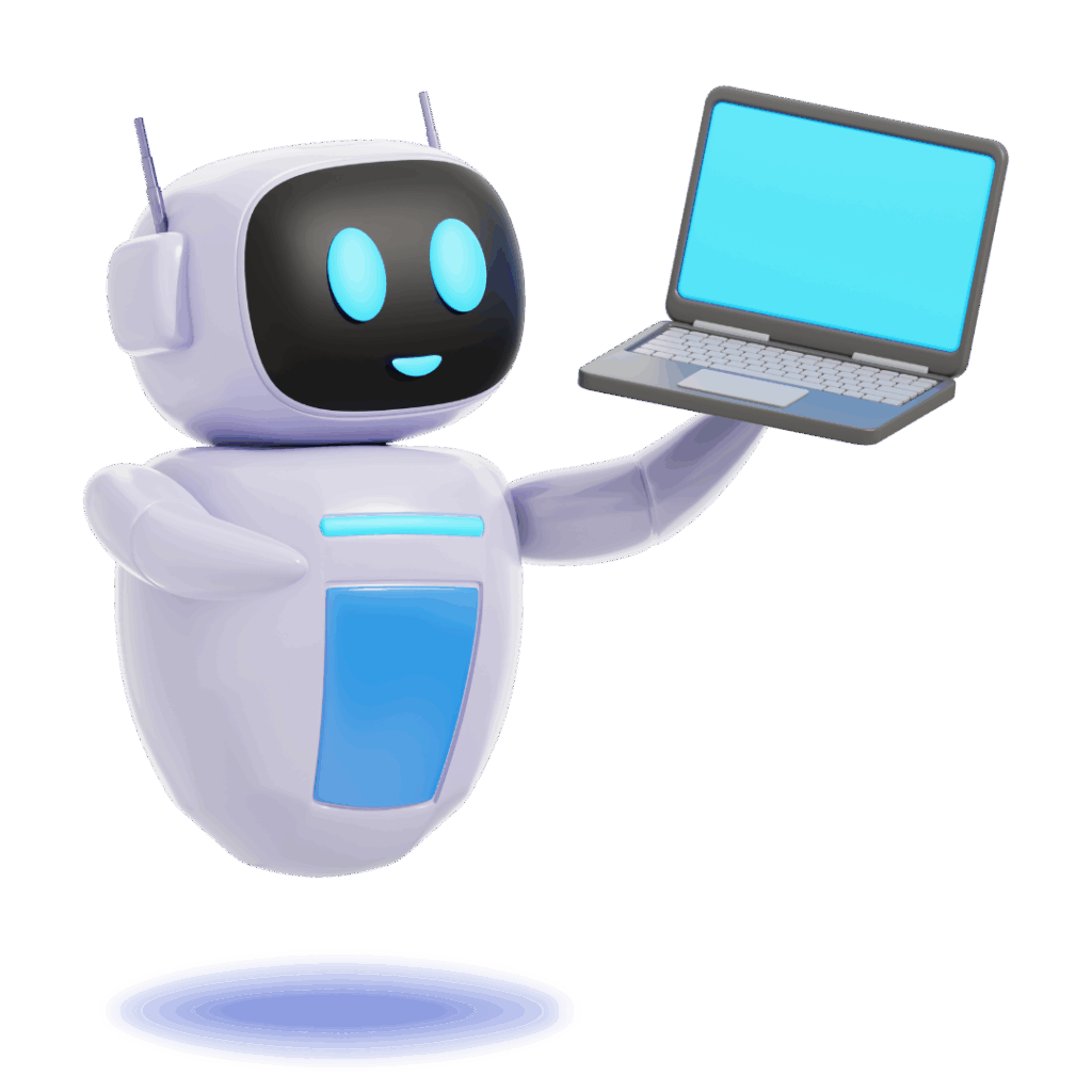 3D-Roboter hält Laptop in der Hand