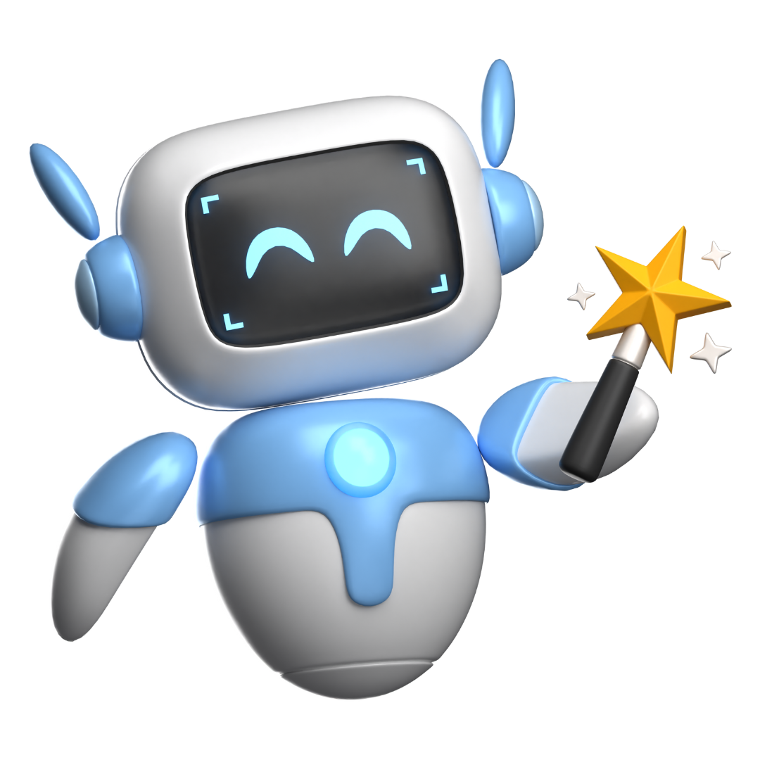 Fröhlicher 3D-Roboter mit Zauberstab, symbolisch für automatische Rechtstexte, einfache Compliance für Webseiten und Onlineshops