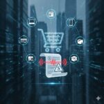 Warnung E-Commerce: Digitaler Einkaufswagen und Mahnungssymbol.