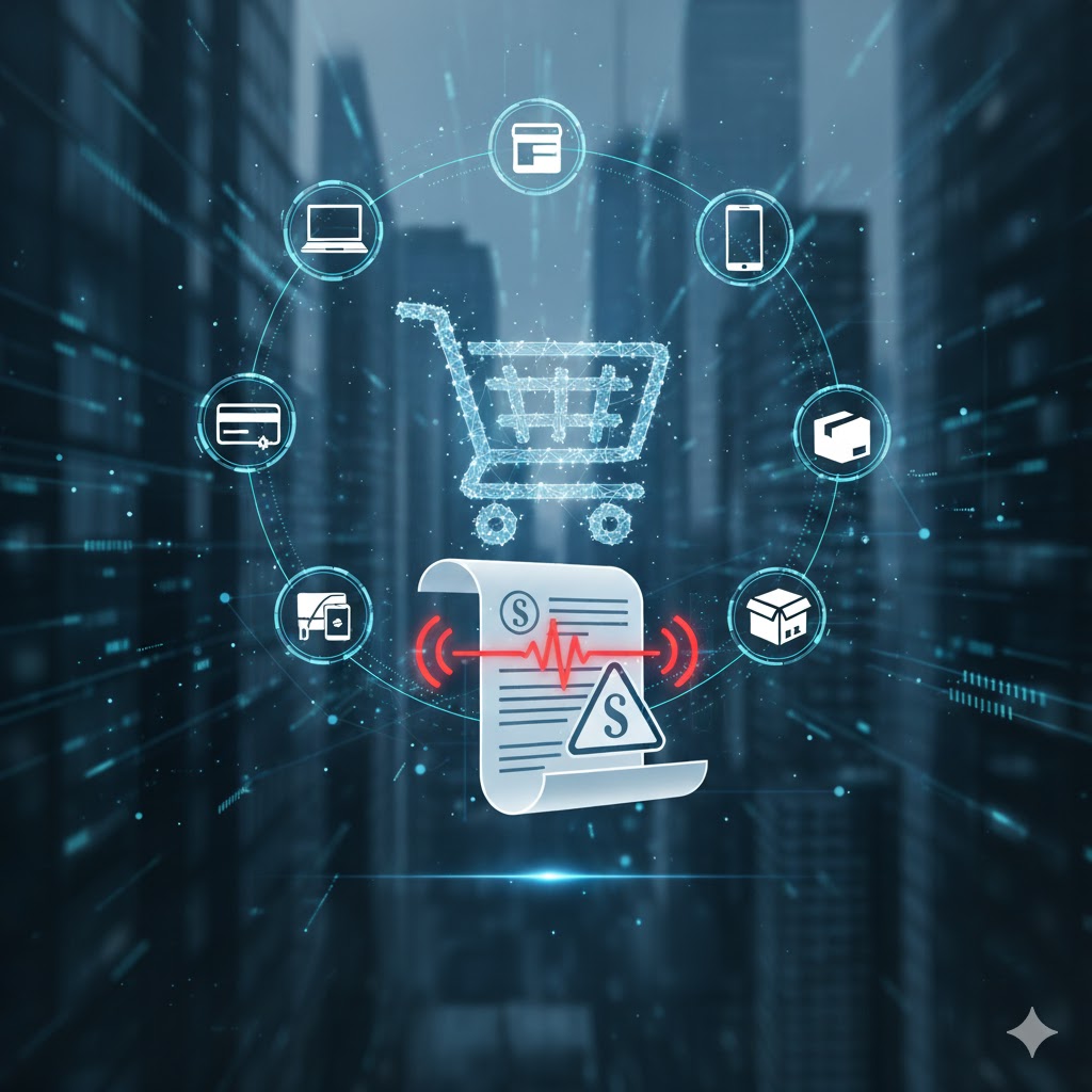 Warnung E-Commerce: Digitaler Einkaufswagen und Mahnungssymbol.