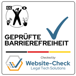 Prüfsiegel mit Piktogrammen für Barrierefreiheit, einem Häkchen und dem Logo von Website-Check.