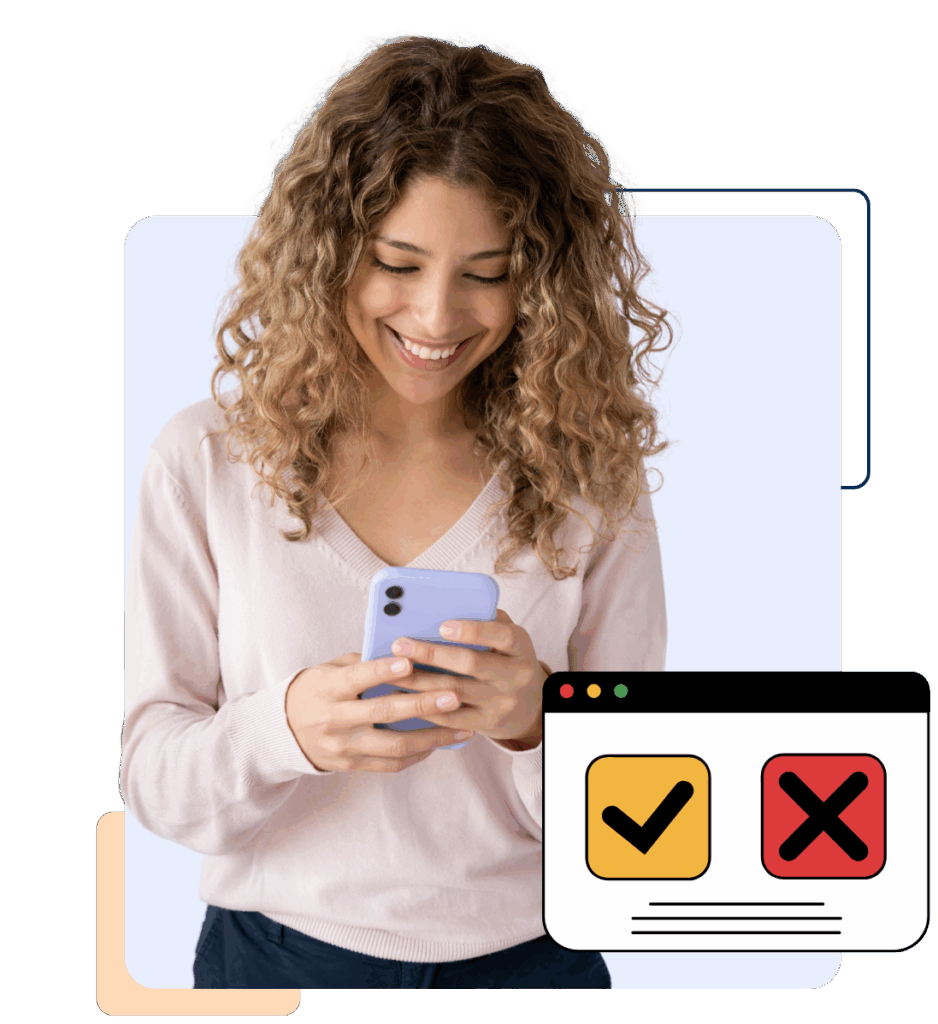 Frau lächelt, während sie auf ihr Handy schaut mit einer Grafik eines Cookiebanners