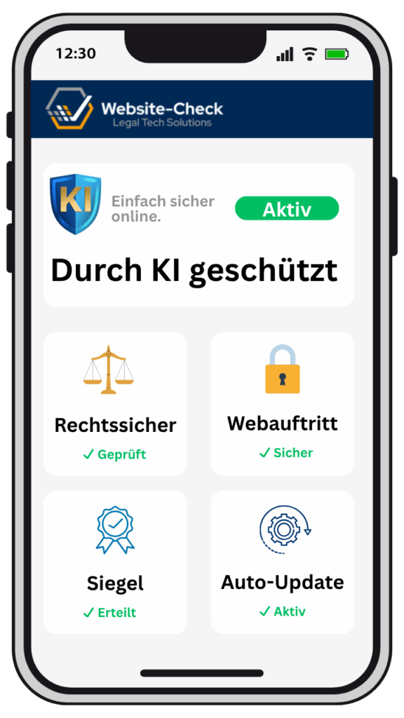 Smartphone Mockup zeigt Grafiken für Rechtssicher, Webauftritt, Siegel, Auto-Update