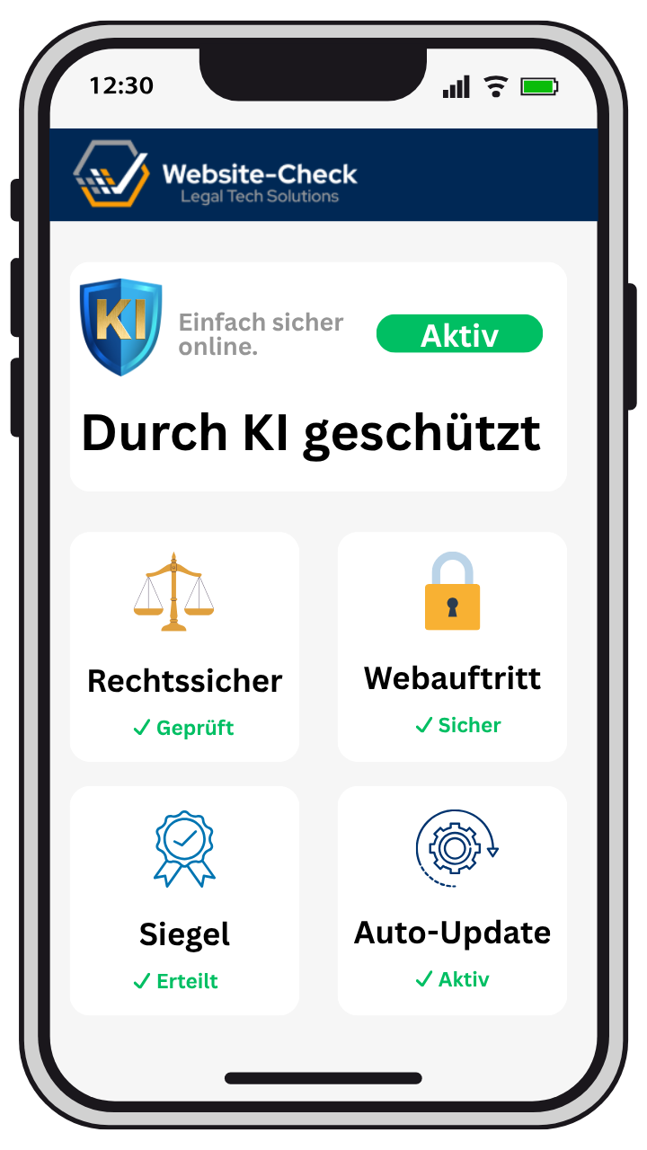 Smartphone Mockup zeigt Grafiken für Rechtssicher, Webauftritt, Siegel, Auto-Update