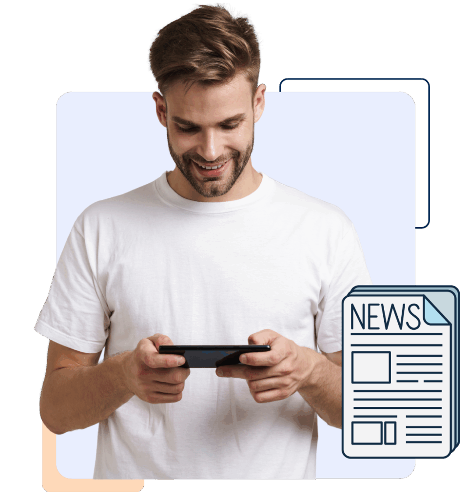 Mann mit Handy und einer Grafik von einer Grafik mit Aufdruck NEWS von Website-Check