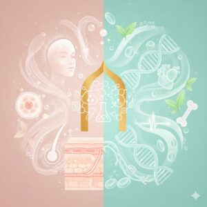 Beauty- und Health-Claims-Konzept: Links Haut, Haare und ästhetische Darstellung, rechts DNA, Herz und Knochen für Gesundheit.