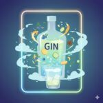 Eine stilisierte Gin-Flasche mit umgebenden Botanicals (Wacholderbeeren, Gurkenscheiben, Zitrusfrüchte) und einem Glas mit Eis und Tonic in einem leuchtenden Rahmen.