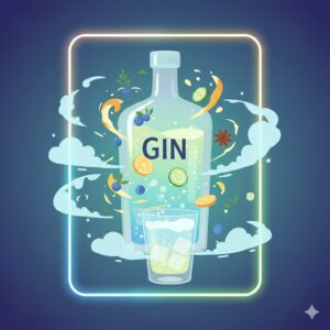 Eine stilisierte Gin-Flasche mit umgebenden Botanicals (Wacholderbeeren, Gurkenscheiben, Zitrusfrüchte) und einem Glas mit Eis und Tonic in einem leuchtenden Rahmen.