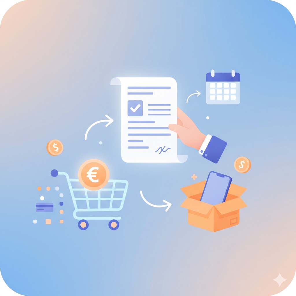 Illustrierte Darstellung des Kaufs auf Rechnung: Zahlung nach Erhalt der Ware