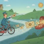 Ein Postbote fährt auf einem Fahrrad durch eine ländliche Szene und magische Briefe fliegen aus seiner Tasche direkt in einen roten Briefkasten.