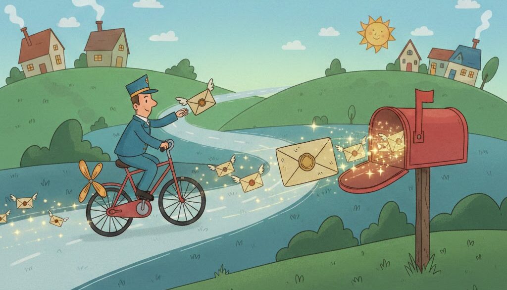 Ein Postbote fährt auf einem Fahrrad durch eine ländliche Szene und magische Briefe fliegen aus seiner Tasche direkt in einen roten Briefkasten.