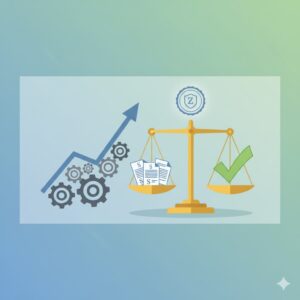 Visuelle Darstellung von Preisanpassungsklauseln und ihrer rechtlichen Zulässigkeit, symbolisiert durch eine Waage, die steigende Preise (Pfeil und Zahnräder) mit einem positiven Ergebnis (grüner Haken) in Balance hält.