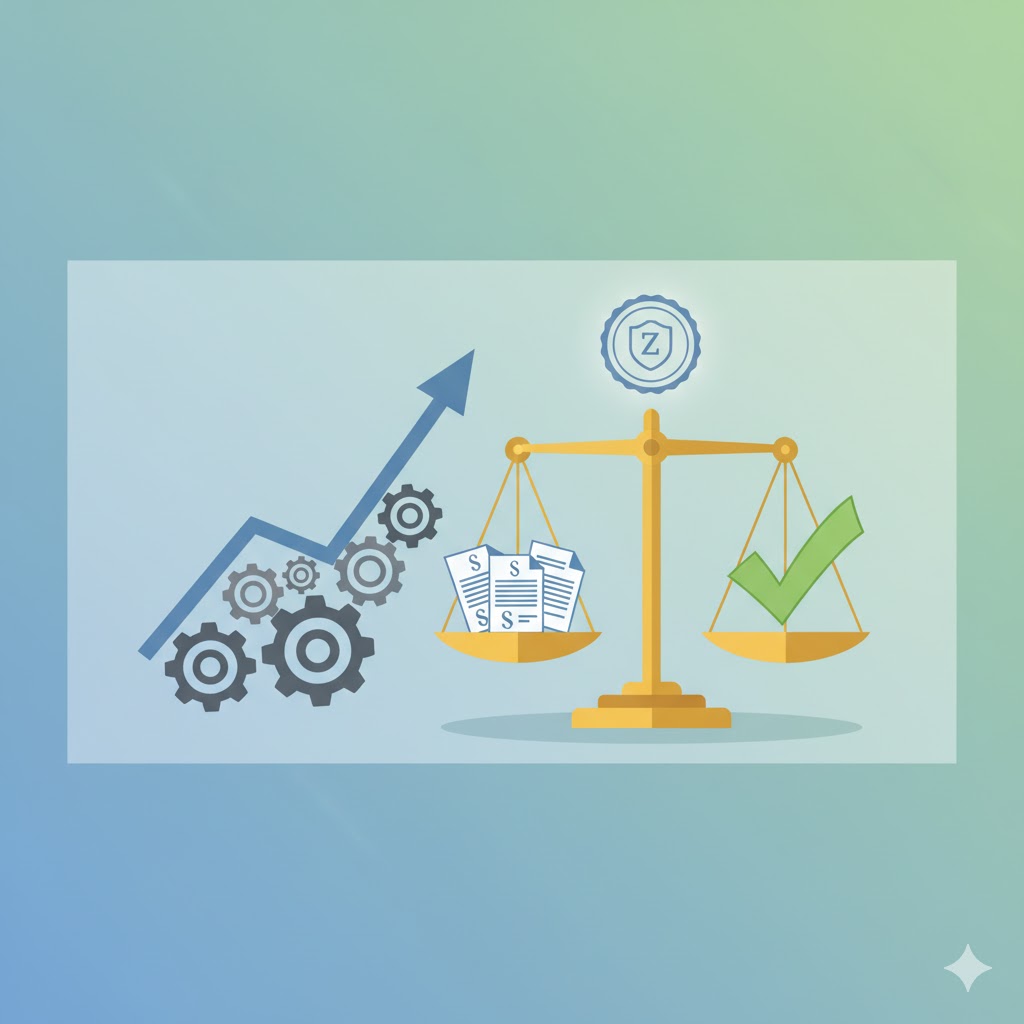 Visuelle Darstellung von Preisanpassungsklauseln und ihrer rechtlichen Zulässigkeit, symbolisiert durch eine Waage, die steigende Preise (Pfeil und Zahnräder) mit einem positiven Ergebnis (grüner Haken) in Balance hält.
