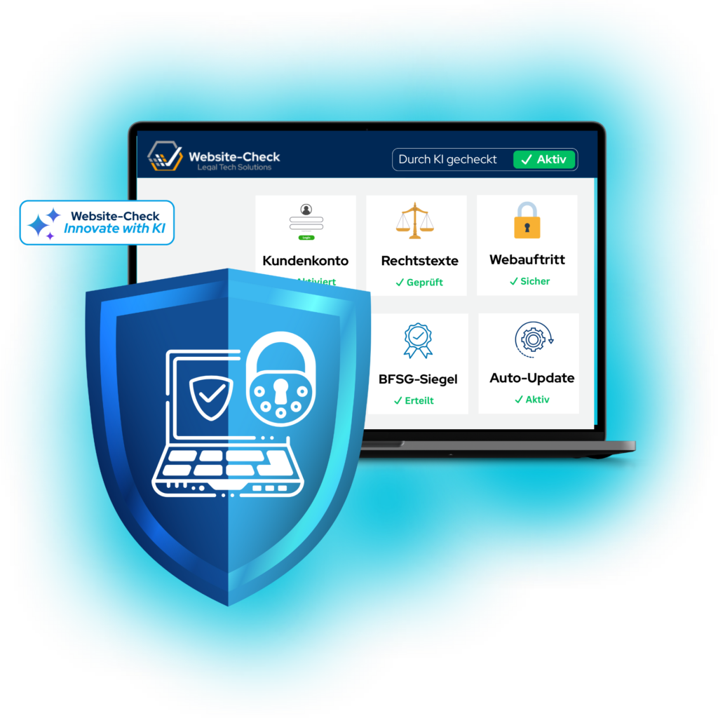 Website-Check Dashboard mit Sicherheitsschild zeigt aktive Schutzfunktionen für Kundenkonto, Rechtstexte, Webauftritt, BFSG-Siegel und Auto-Update