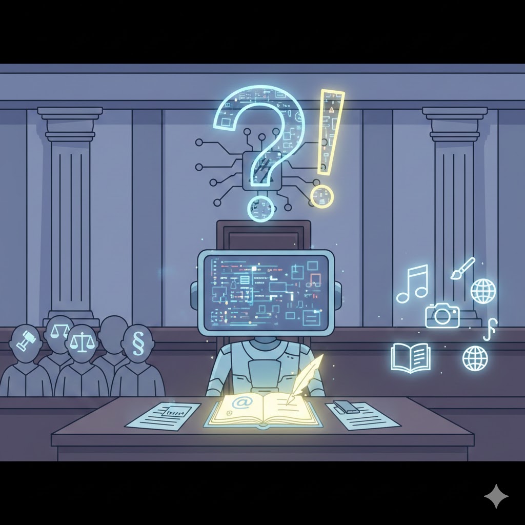 Animierte Darstellung: KI-Roboter vor Gericht mit Schaltkreisen, Schreibfeder, einem Fragezeichen als Kopf und Symbolen für Musik, Kunst und Urheberrecht. Haftung von ChatGPT.
