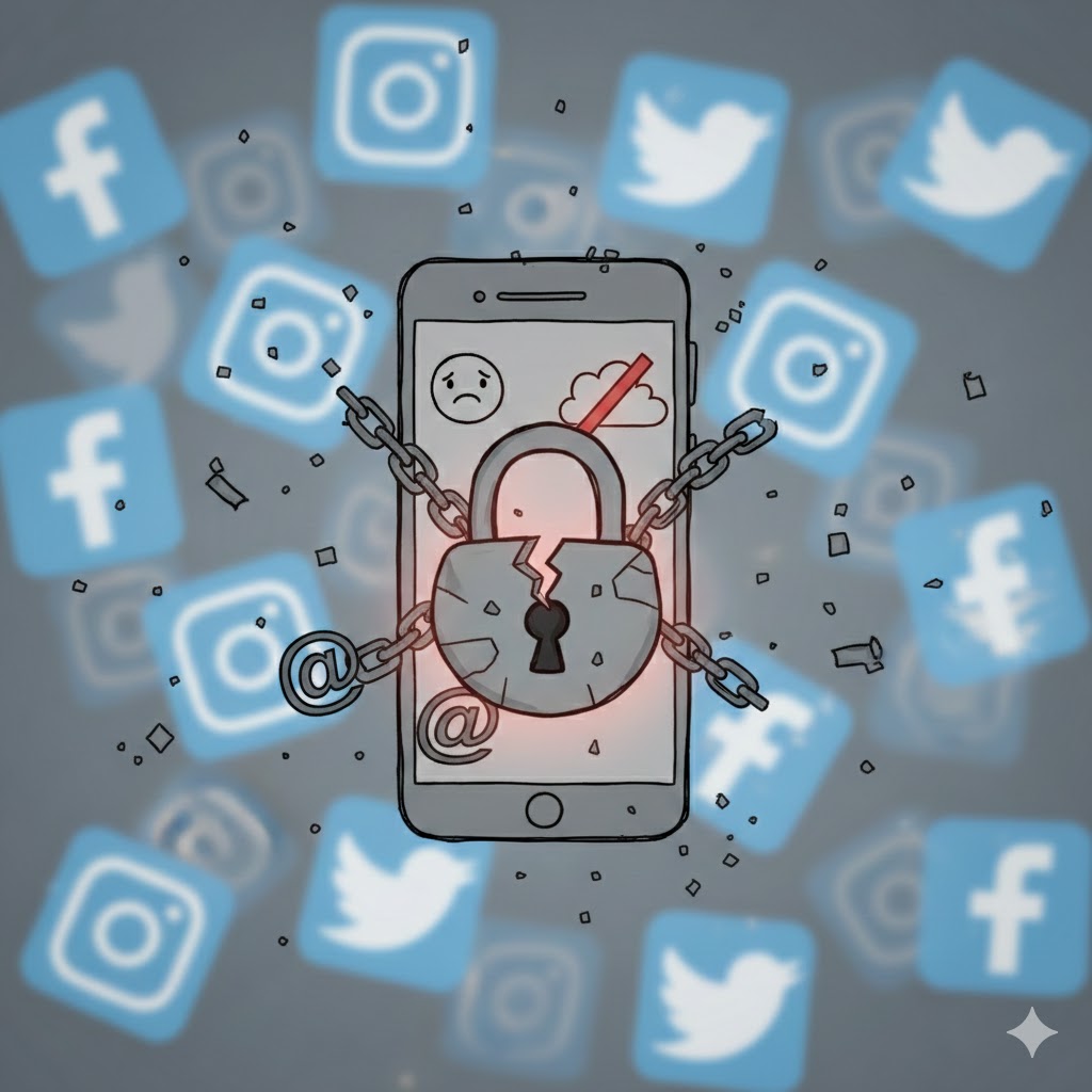 Smartphone Kette Schloss gesperrt Social Media Symbole