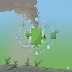 Illustrierte Grafik zum Thema Greenwashing: Ein grünes Rechteck im Zentrum, umgeben von ökologischen Symbolen wie Windkraft und Recycling, während im Hintergrund grauer Industriesmog aufsteigt.