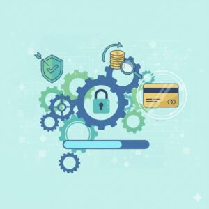 Abstrakte Grafik einer digitalen Zahlungsüberprüfung mit Zahnrädern, Kreditkarte, Vorhängeschloss und Ladebalken.