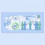 Abstrakte Illustration zum Mitspracherecht bei Software-Anschaffungen: Eine Gruppe stilisierter Figuren berät gemeinsam über digitale Schnittstellen, Cloud-Symbole und Software-Dashboards.