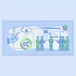 Abstrakte Illustration zum Mitspracherecht bei Software-Anschaffungen: Eine Gruppe stilisierter Figuren berät gemeinsam über digitale Schnittstellen, Cloud-Symbole und Software-Dashboards.
